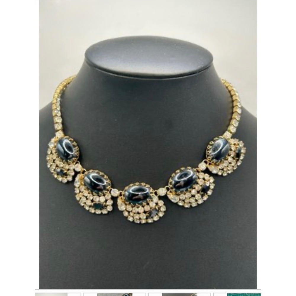 Vintage 1960s Gray Cabochon Rhinestone Statement Necklace Gold Tone 40g